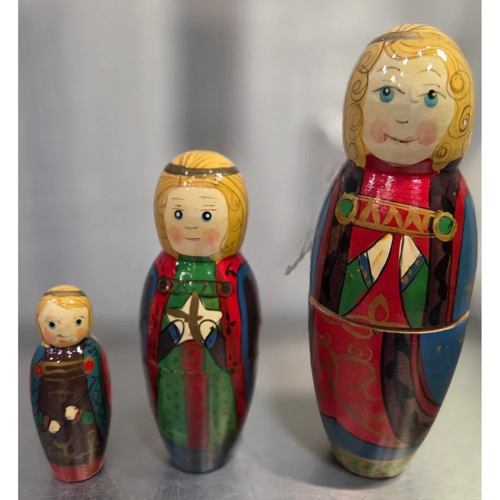 Vintage Russian Hand Painted Wooden Angel Nesting Dolls Matryoshka 3 Piece
